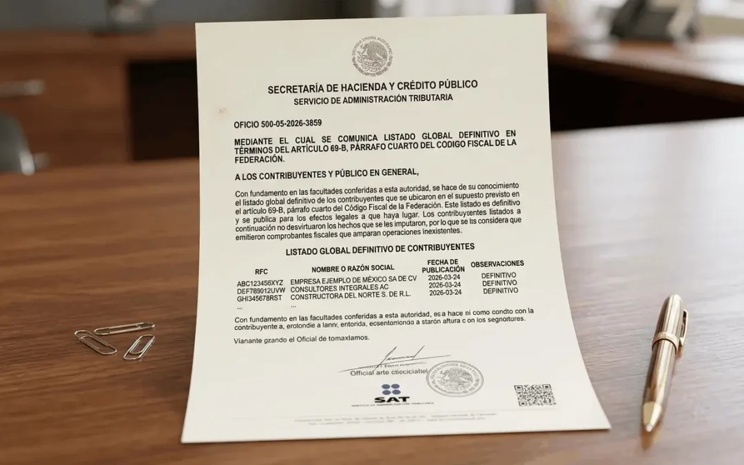 OFICIO 500-05-2026-3859 MEDIANTE EL CUAL SE COMUNICA LISTADO GLOBAL DEFINITIVO EN TÉRMINOS DEL ARTÍCULO 69-B, PÁRRAFO CUARTO DEL CÓDIGO FISCAL DE LA FEDERACIÓN.