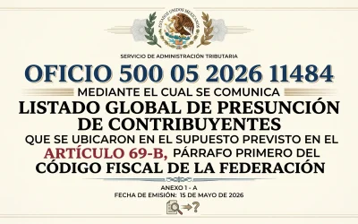 OFICIO 500 05 2026 11484 MEDIANTE EL CUAL SE COMUNICA LISTADO GLOBAL DE PRESUNCIÓN DE CONTRIBUYENTES QUE SE UBICARON EN EL SUPUESTO PREVISTO EN EL ARTÍCULO 69-B, PÁRRAFO PRIMERO DEL CÓDIGO FISCAL DE LA FEDERACIÓN.